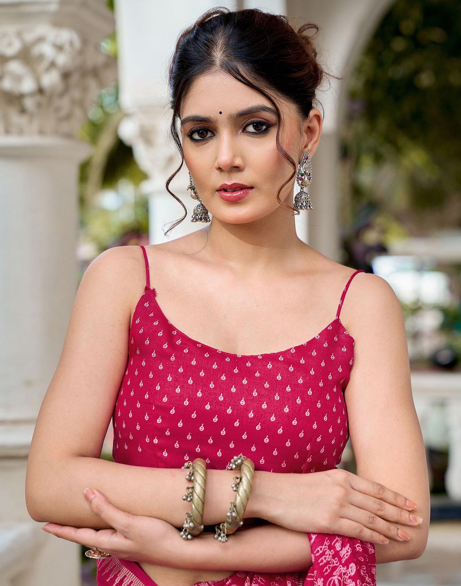 Rani Pink Georgette Warli Printed Saree