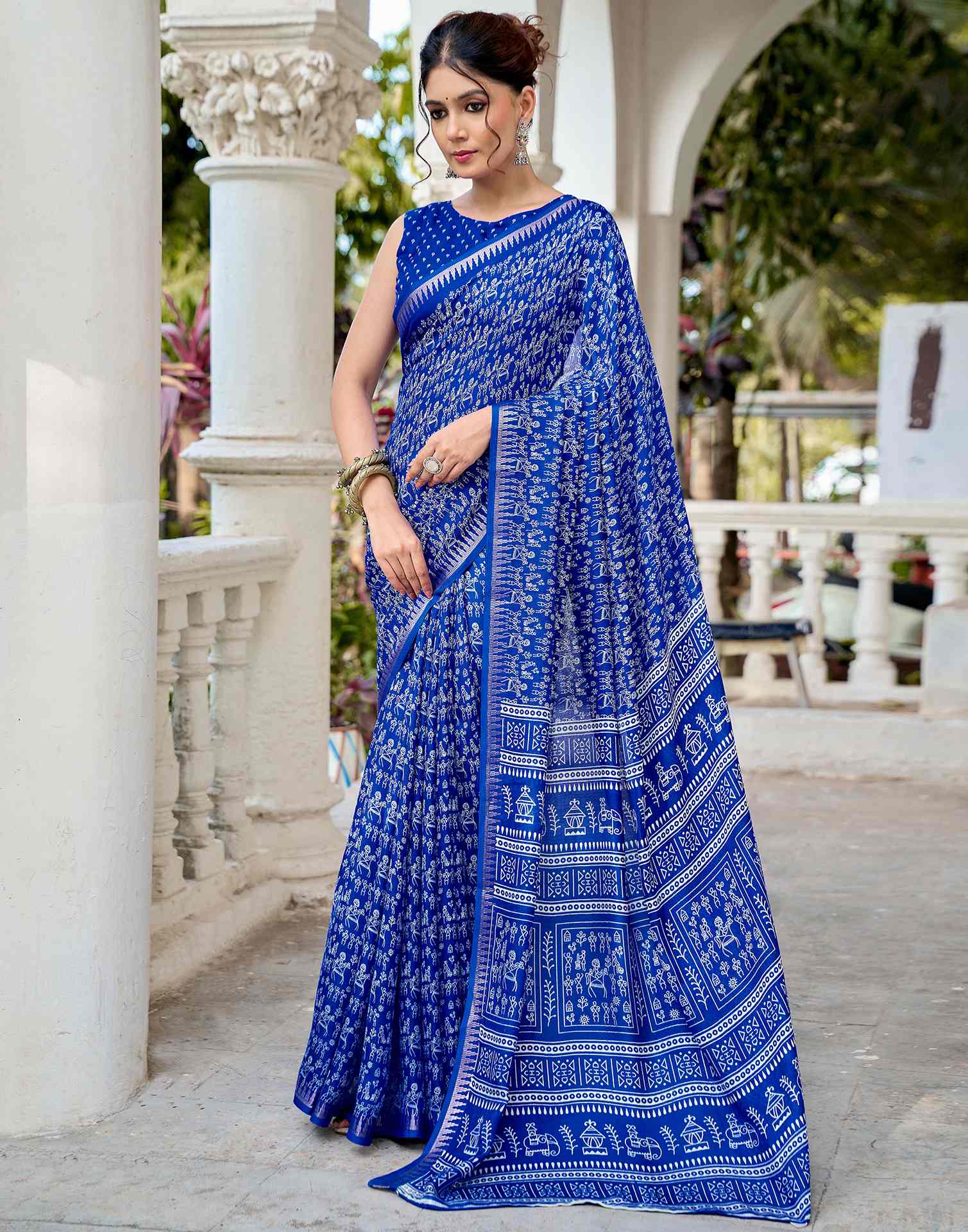Blue Georgette Warli Printed Saree