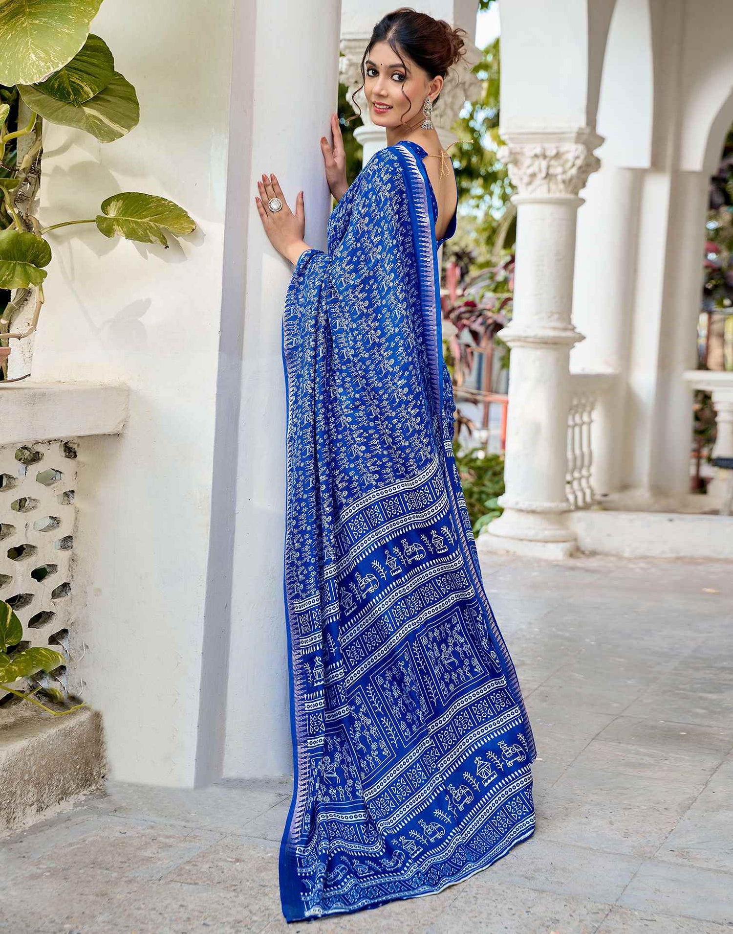 Blue Georgette Warli Printed Saree