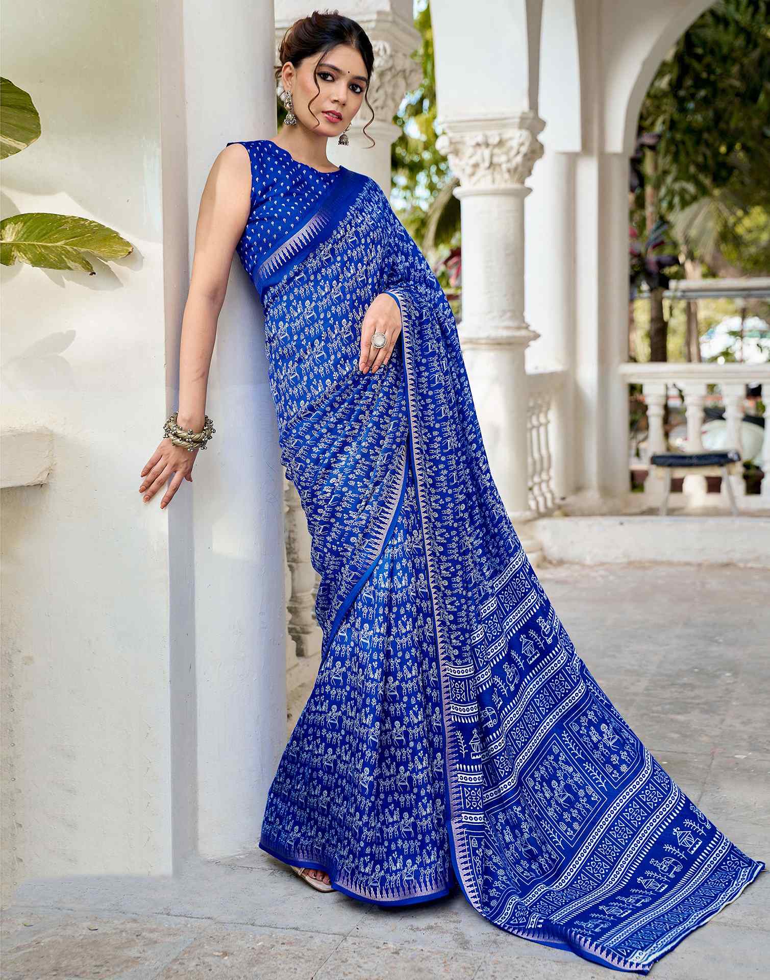 Blue Georgette Warli Printed Saree