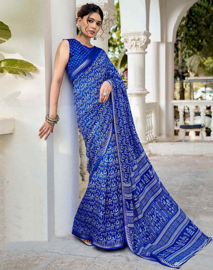 Blue Georgette Warli Printed Saree
