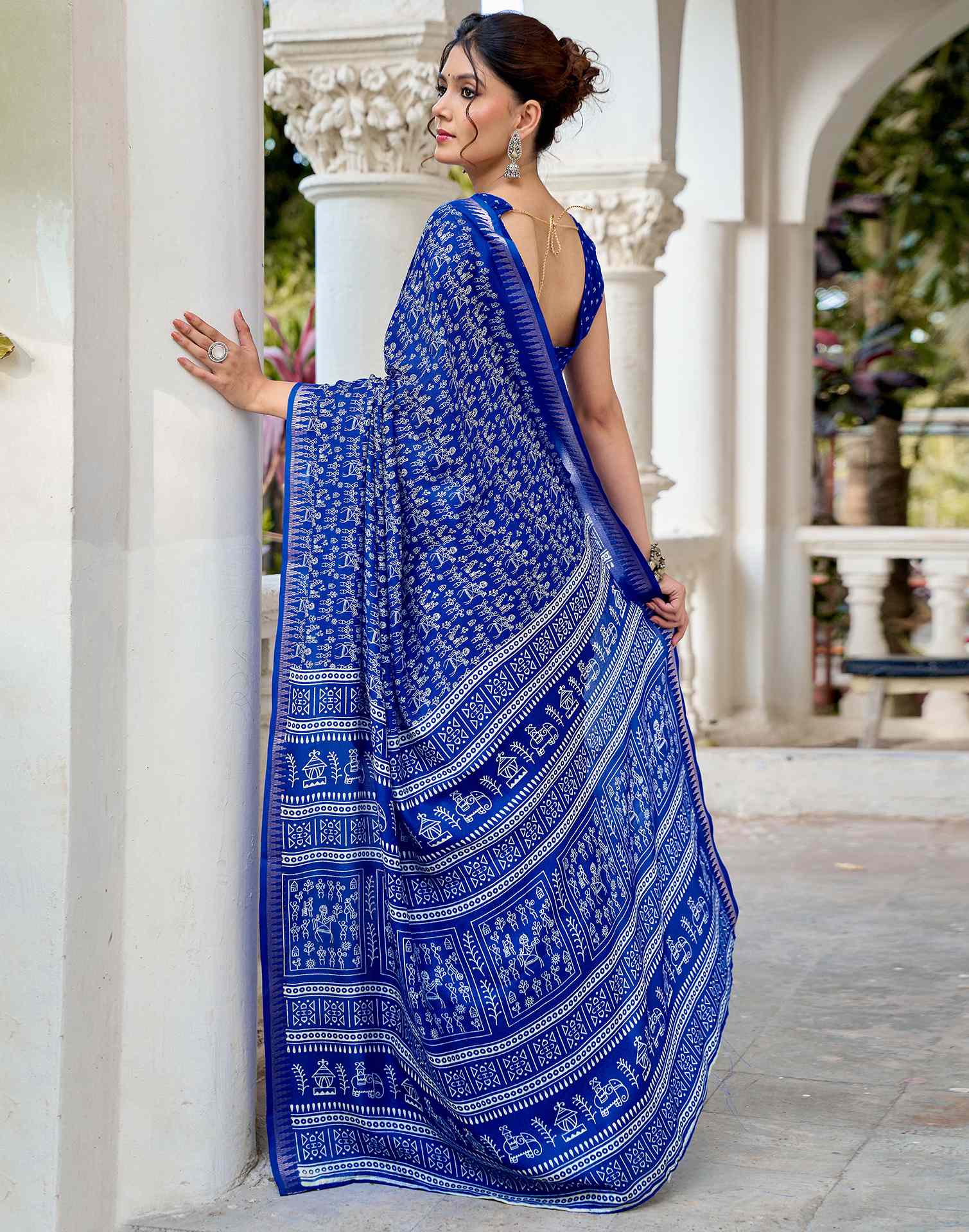 Blue Georgette Warli Printed Saree