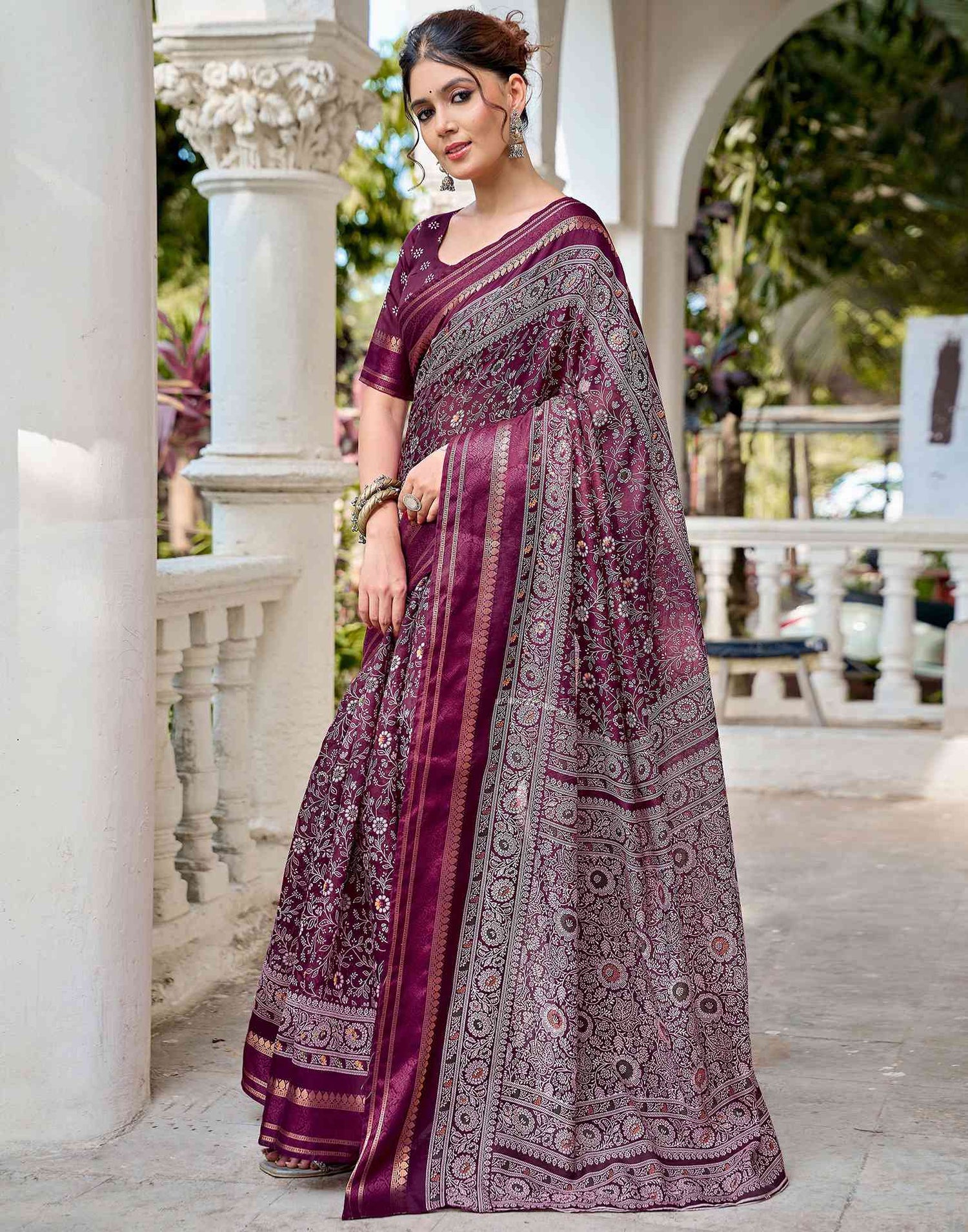 Wine Georgette Printed Saree