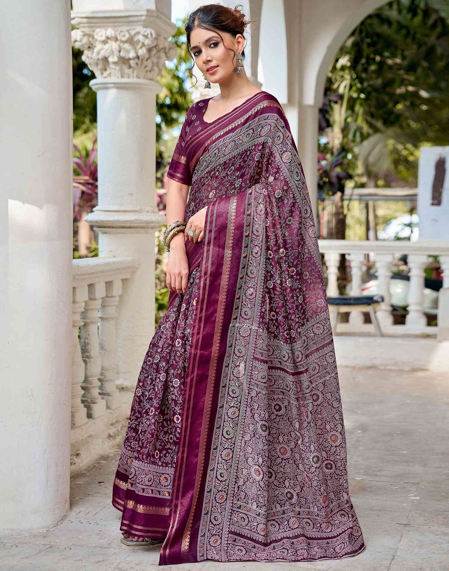 Wine Georgette Printed Saree