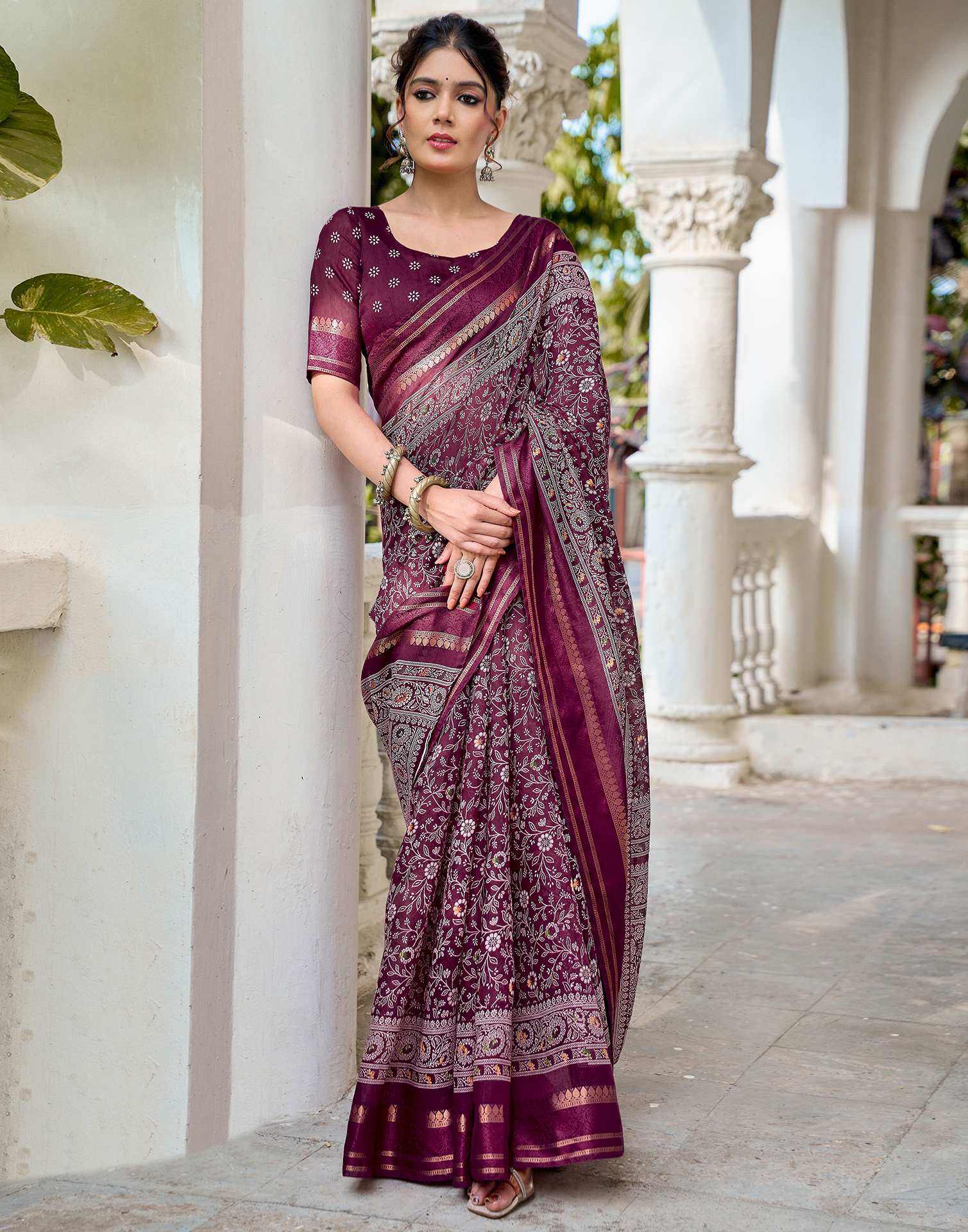 Wine Georgette Printed Saree