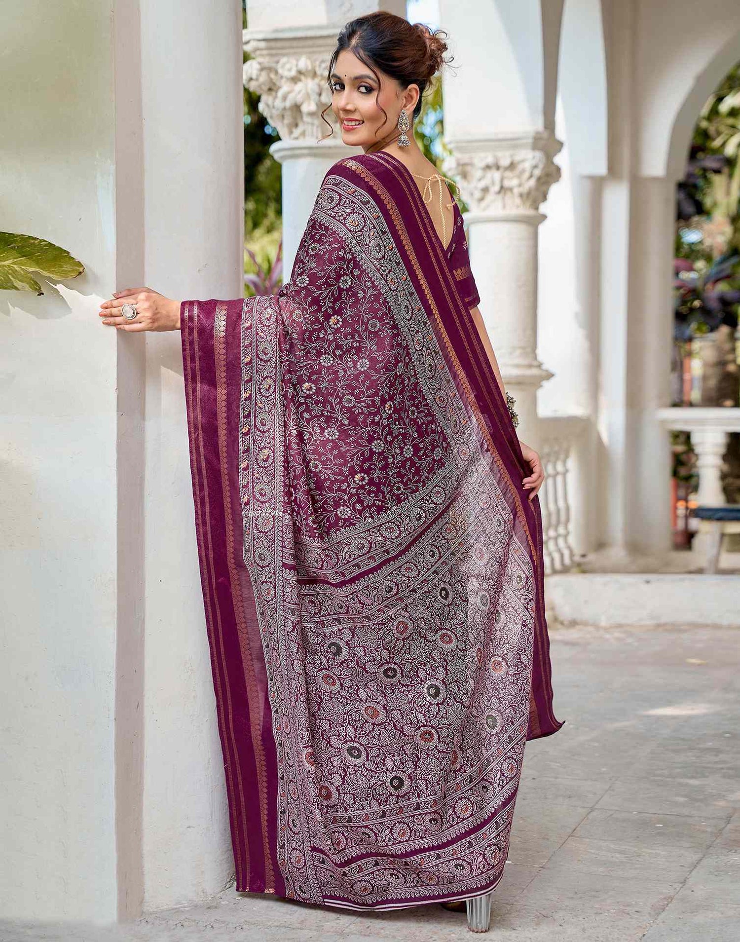 Wine Georgette Printed Saree