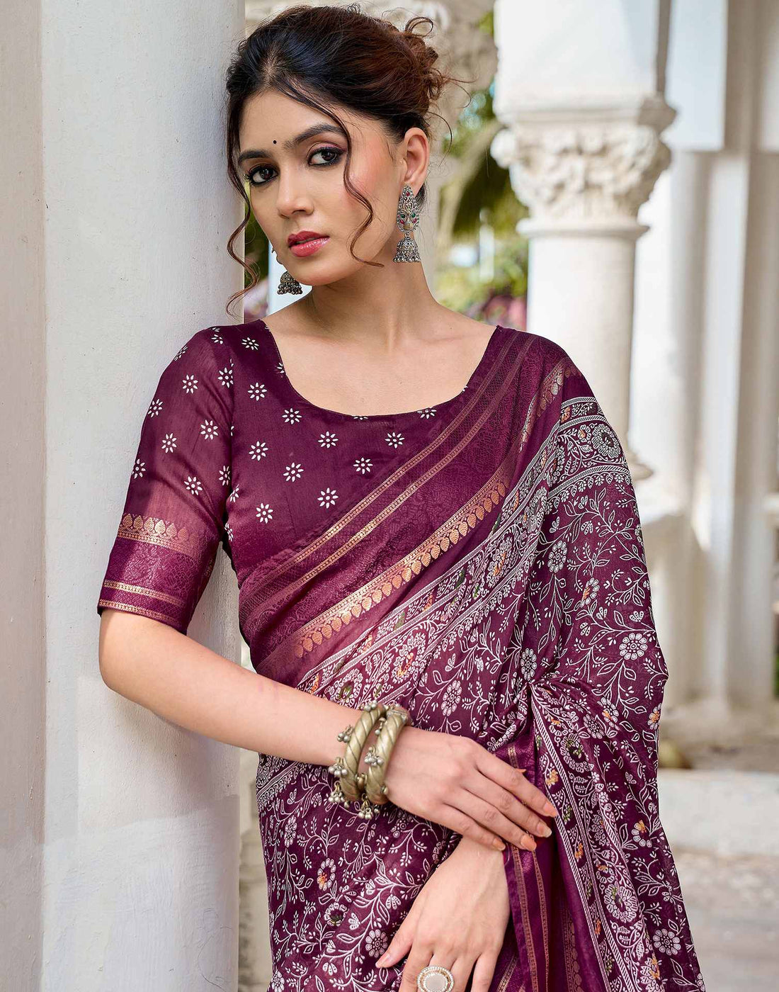 Wine Georgette Printed Saree