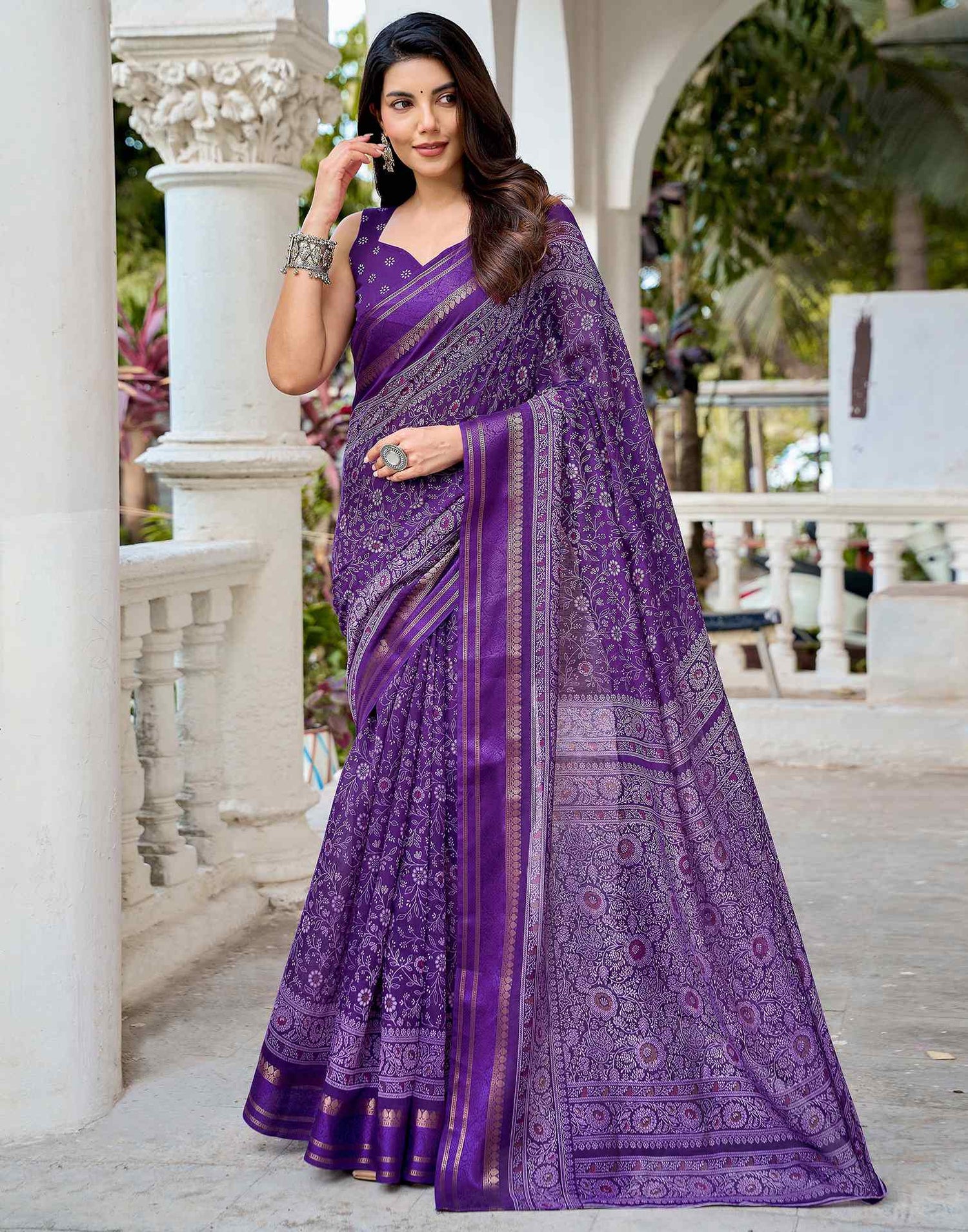 Dark Purple Georgette Printed Saree
