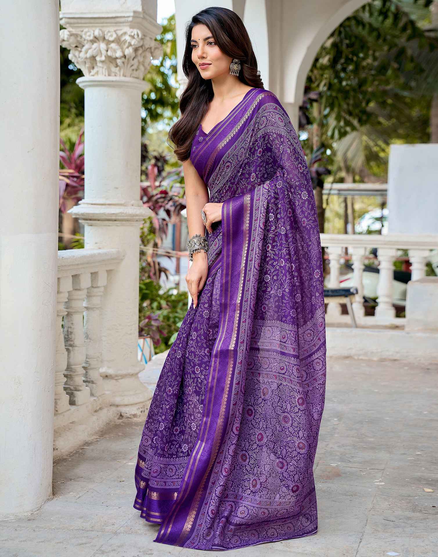 Dark Purple Georgette Printed Saree
