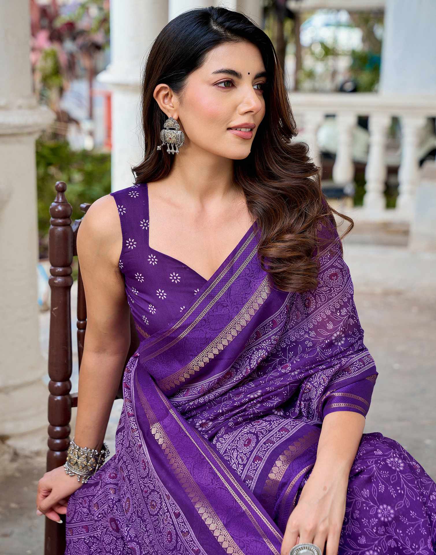 Dark Purple Georgette Printed Saree