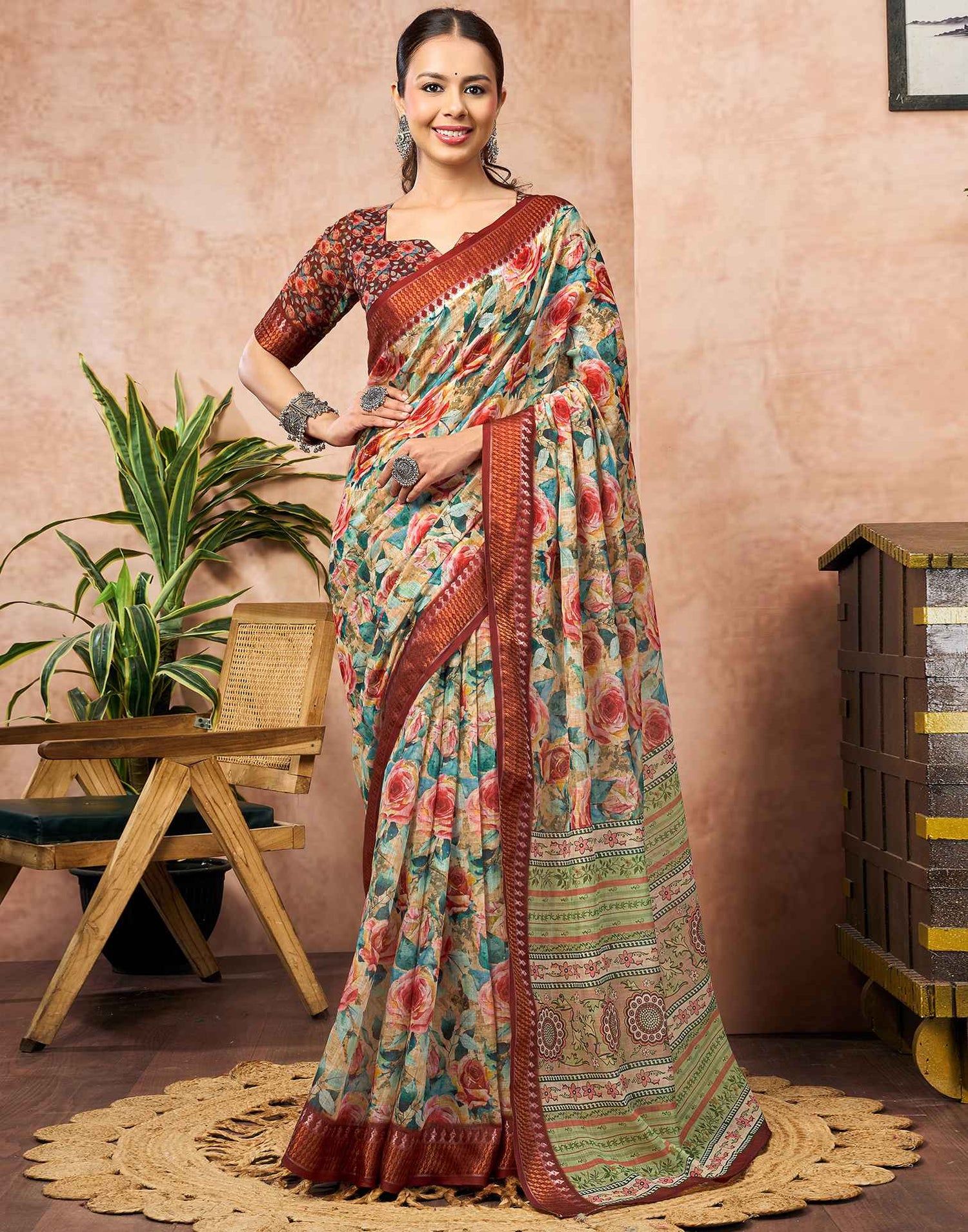 Beige Linen Woven Border Floral Printed Saree