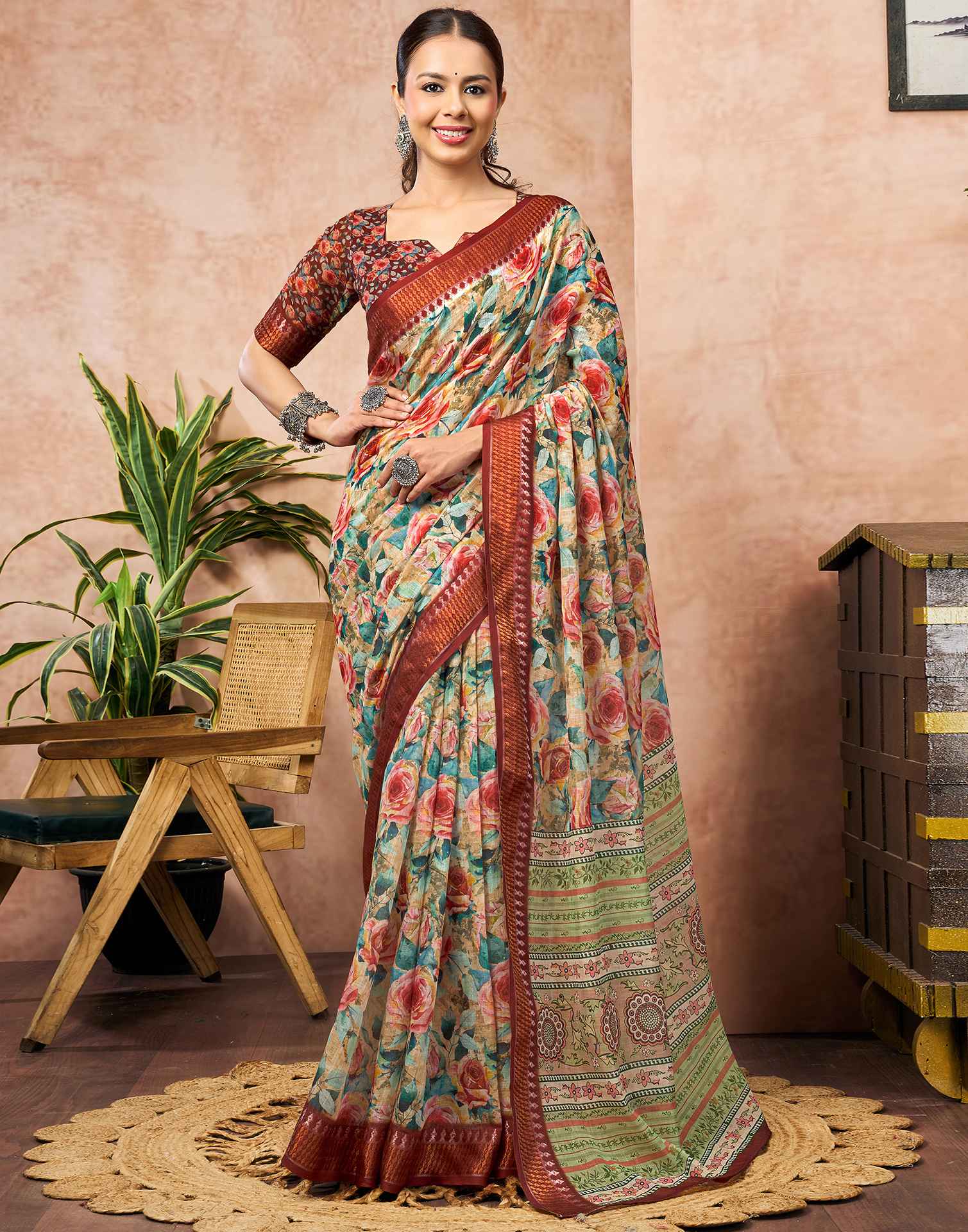 Beige Linen Woven Border Floral Printed Saree