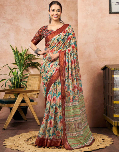 Beige Linen Woven Border Floral Printed Saree