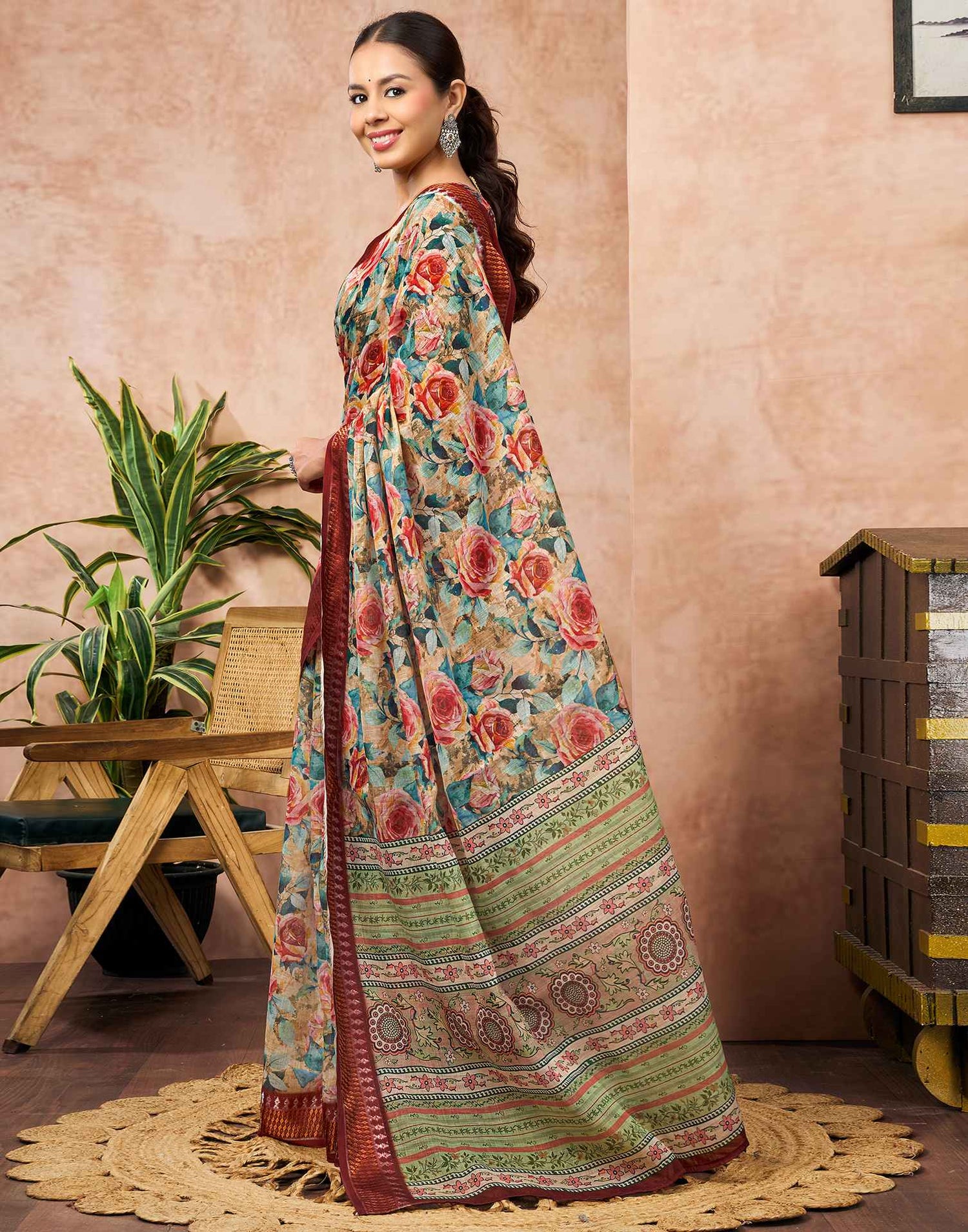 Beige Linen Woven Border Floral Printed Saree