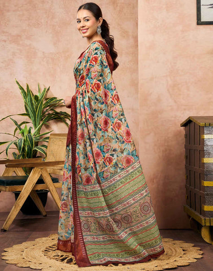 Beige Linen Woven Border Floral Printed Saree