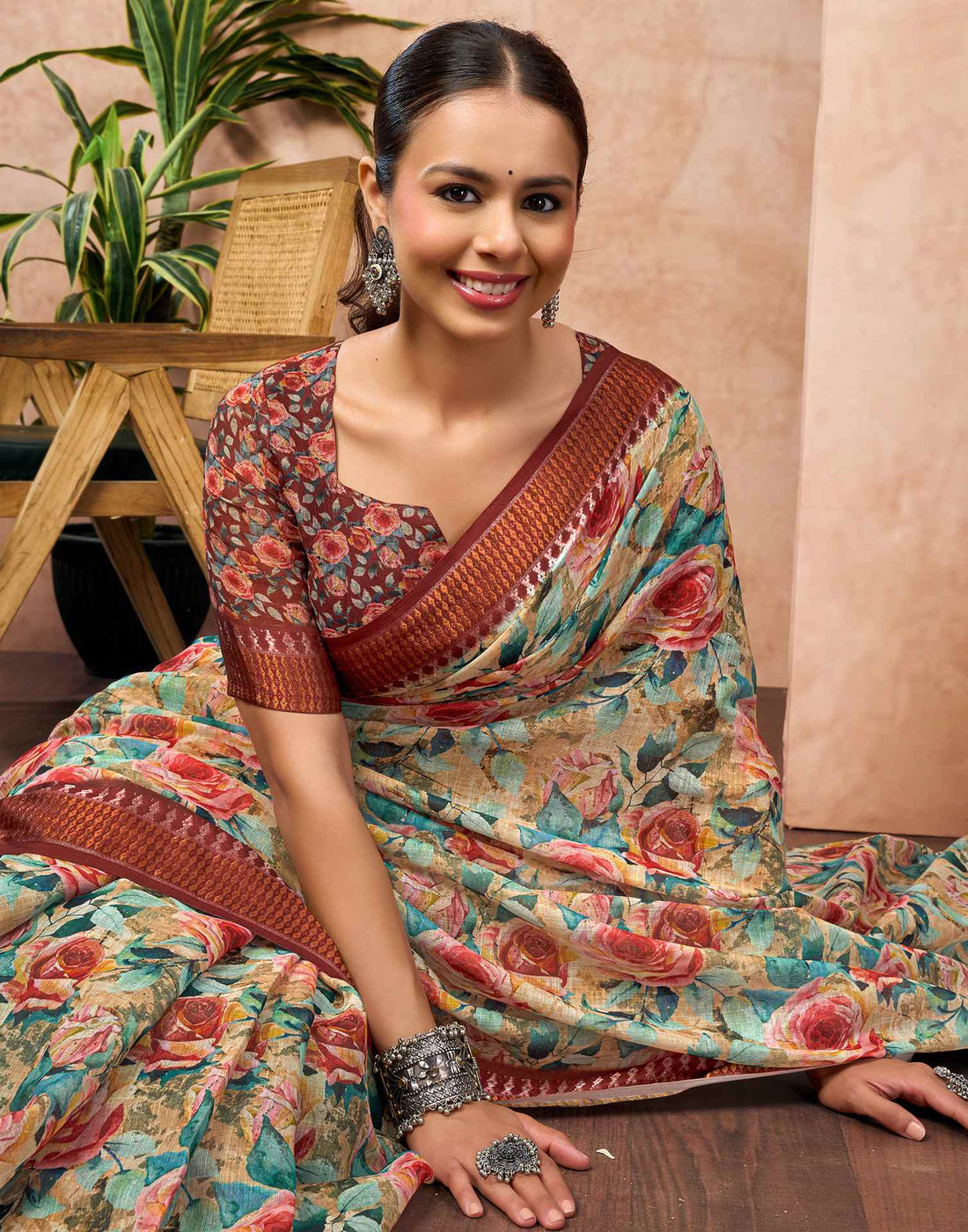 Beige Linen Woven Border Floral Printed Saree