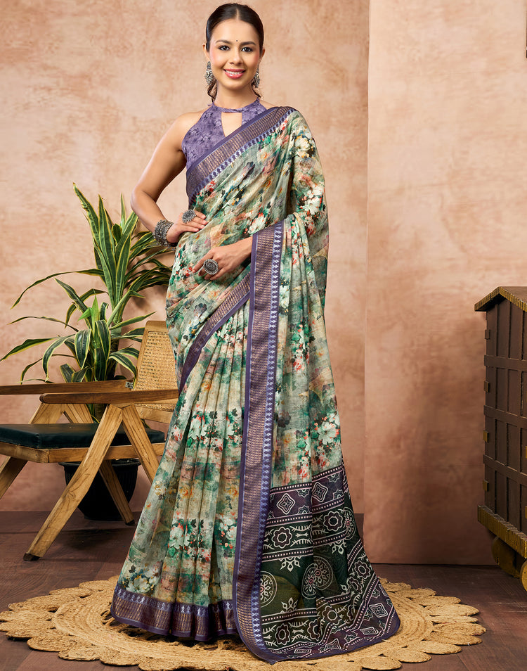 Pista Green Linen Woven Border Floral Printed Saree