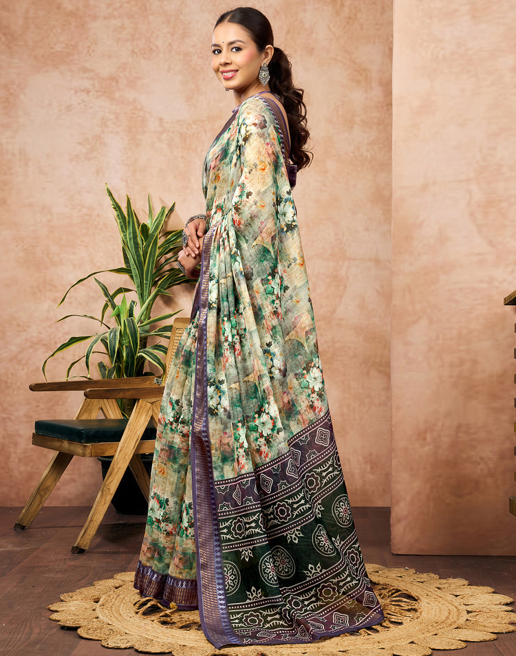 Pista Green Linen Woven Border Floral Printed Saree