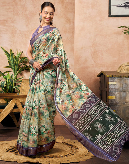 Pista Green Linen Woven Border Floral Printed Saree