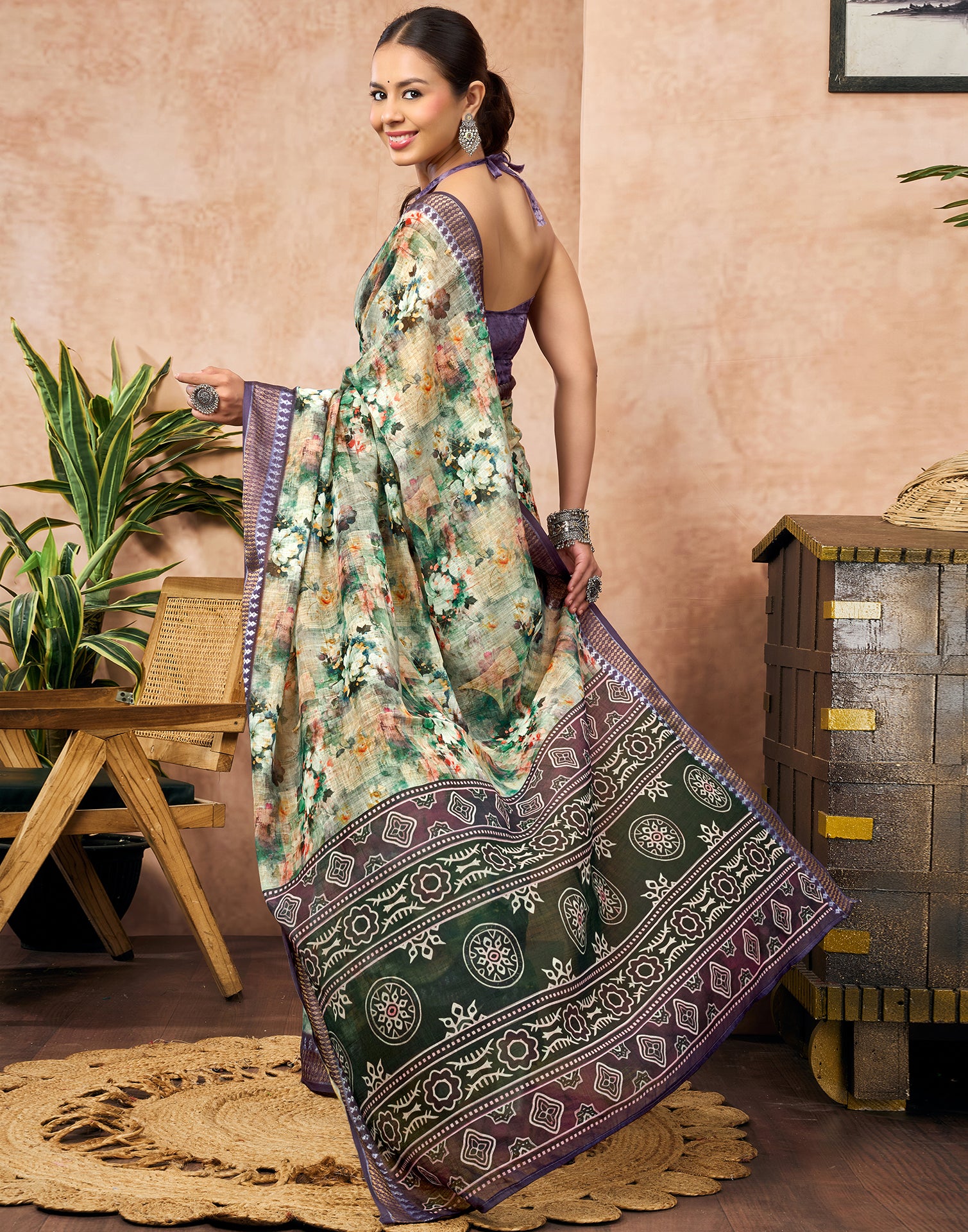 Pista Green Linen Woven Border Floral Printed Saree