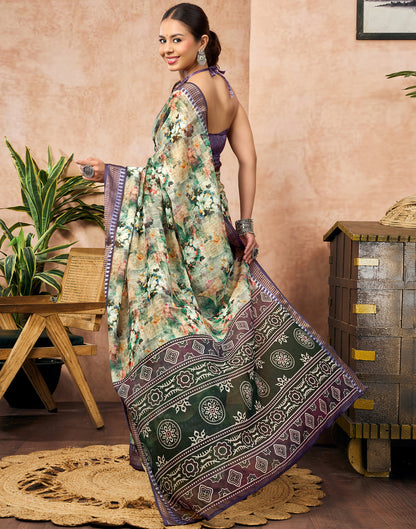Pista Green Linen Woven Border Floral Printed Saree
