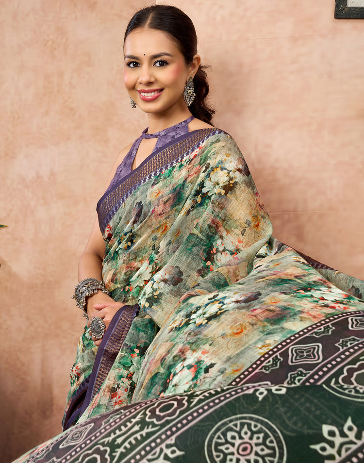 Pista Green Linen Woven Border Floral Printed Saree