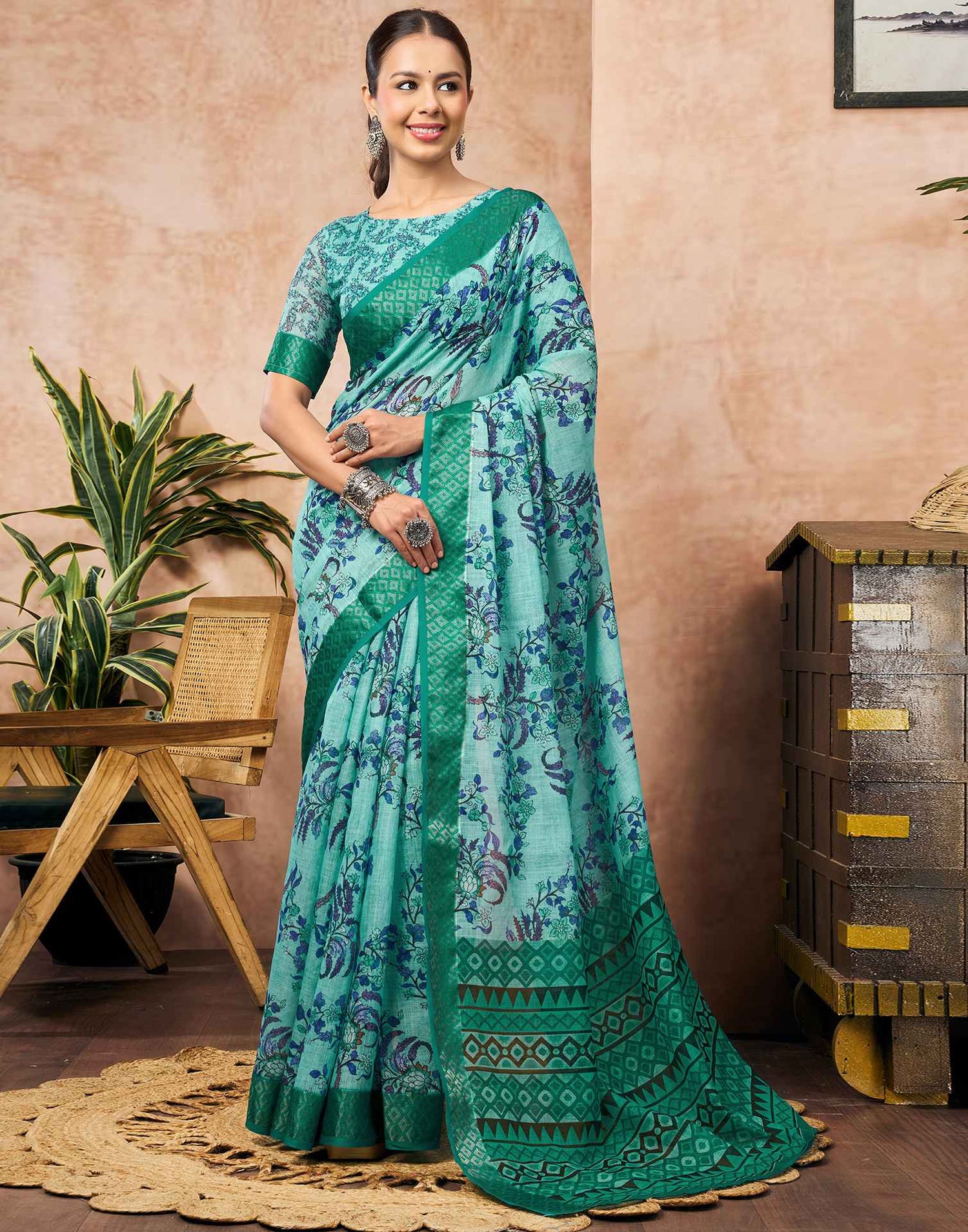 Turquoise Blue Linen Woven Border Floral Printed Saree