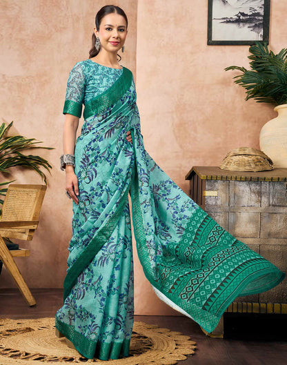 Turquoise Blue Linen Woven Border Floral Printed Saree