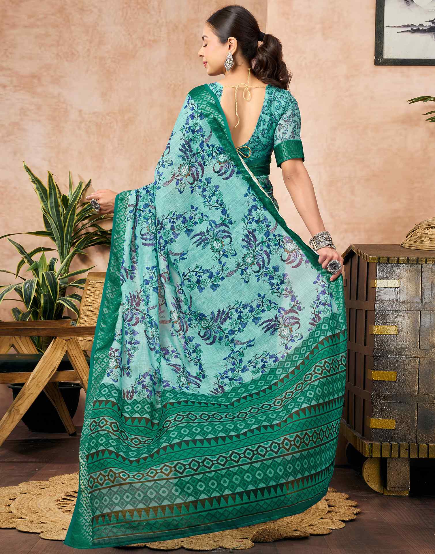 Turquoise Blue Linen Woven Border Floral Printed Saree
