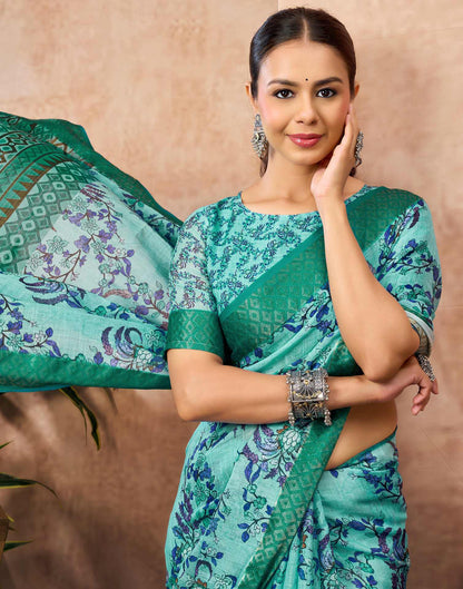 Turquoise Blue Linen Woven Border Floral Printed Saree