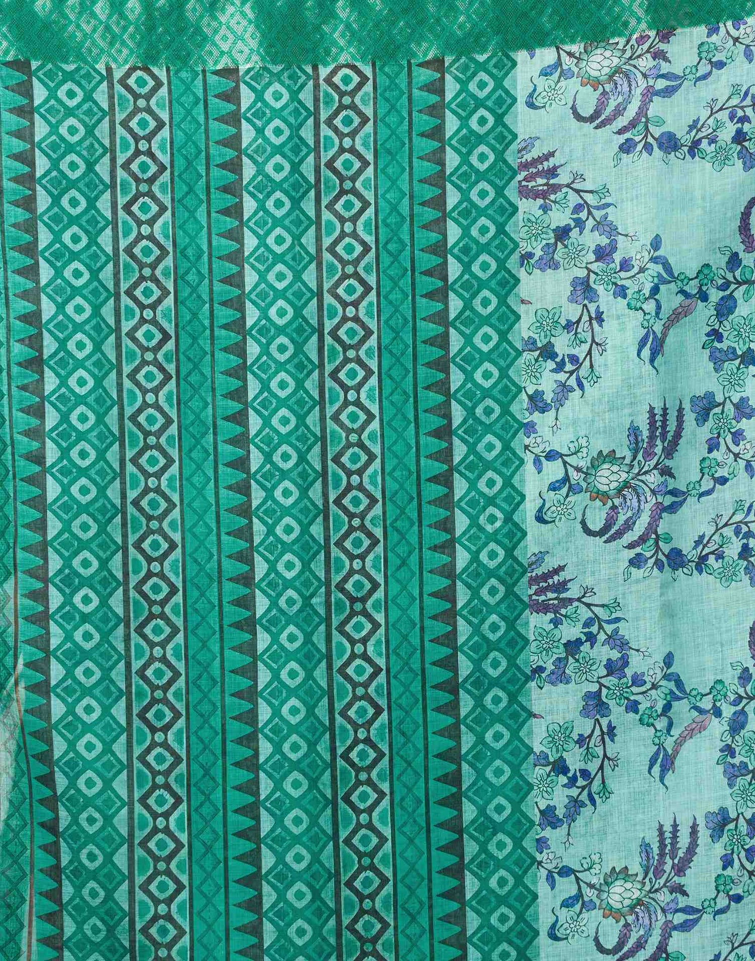 Turquoise Blue Linen Woven Border Floral Printed Saree