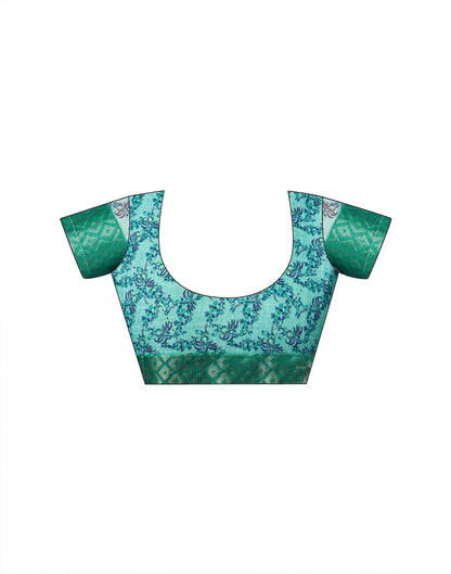Turquoise Blue Linen Woven Border Floral Printed Saree