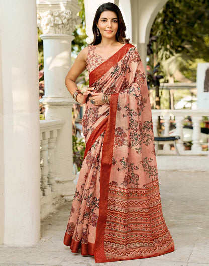 Beige Linen Woven Border Printed Saree