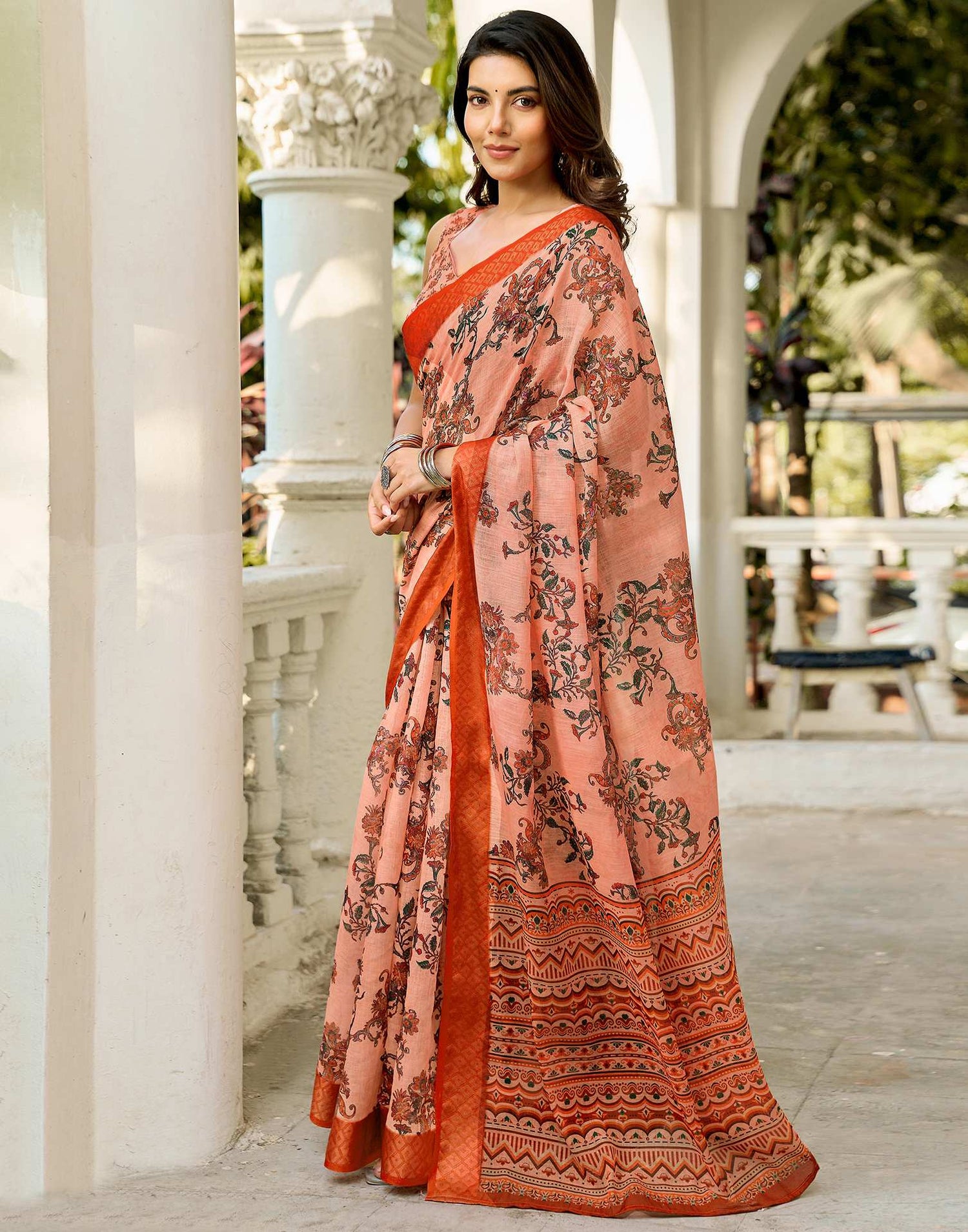 Beige Linen Woven Border Printed Saree