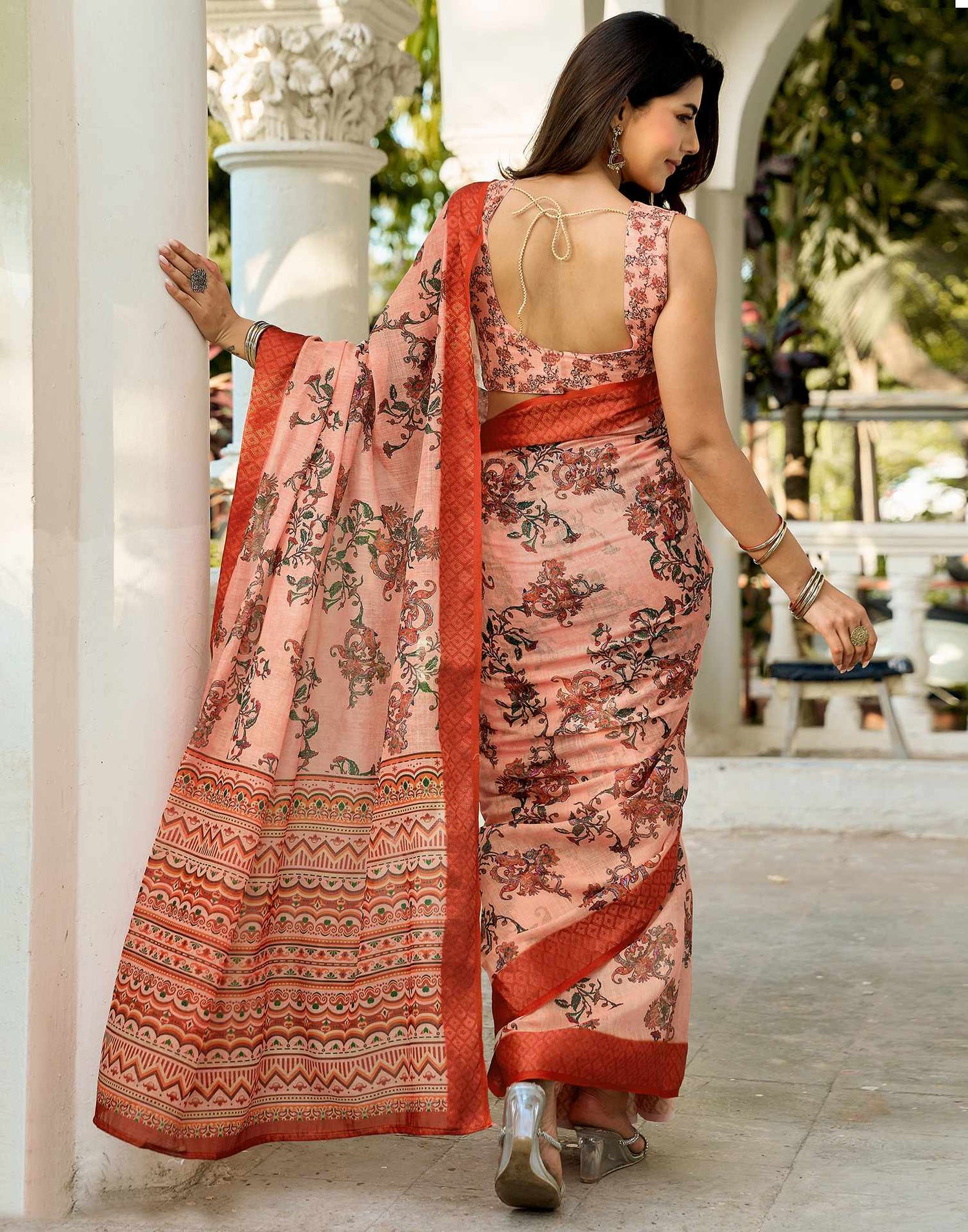 Beige Linen Woven Border Printed Saree