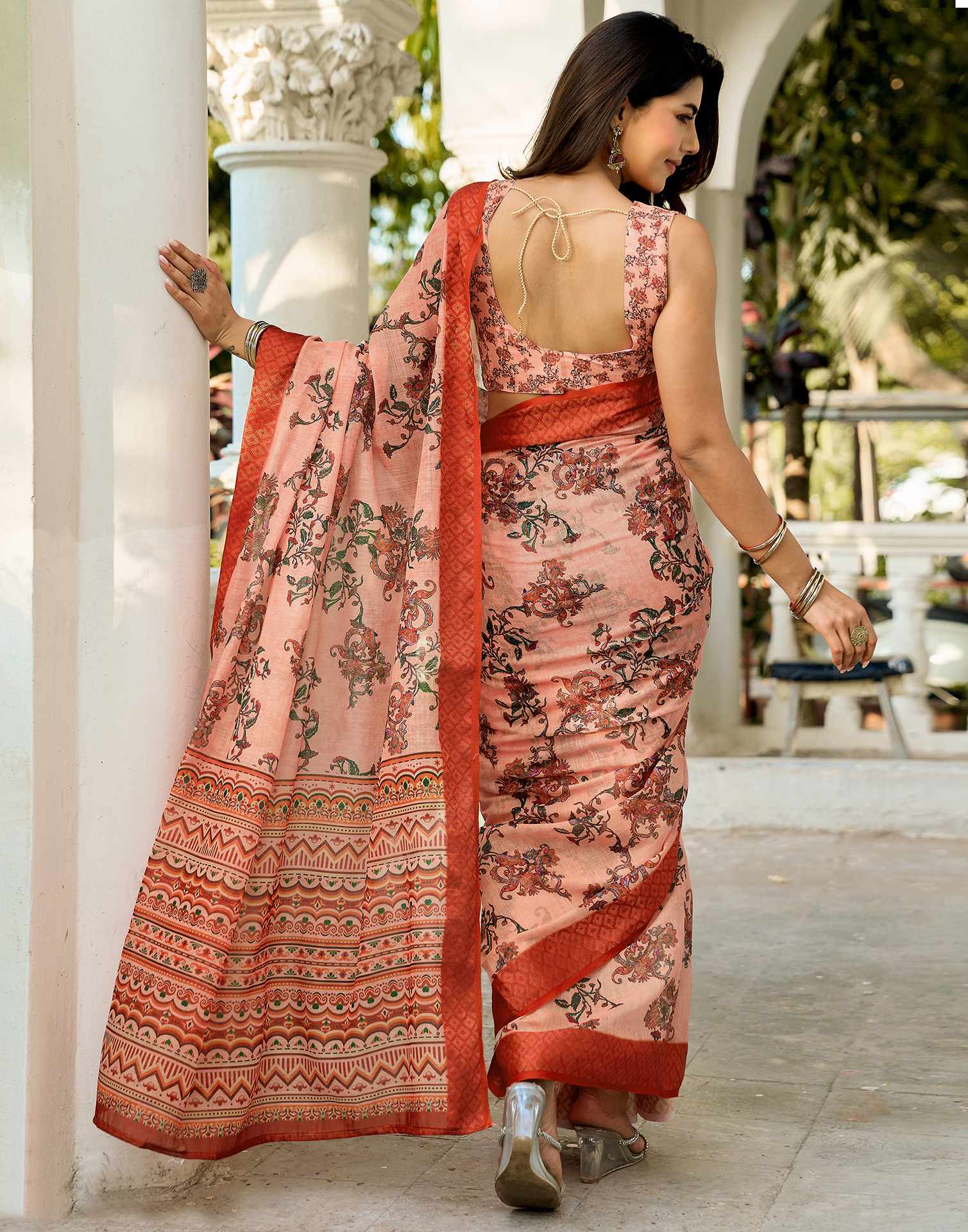 Beige Linen Woven Border Printed Saree