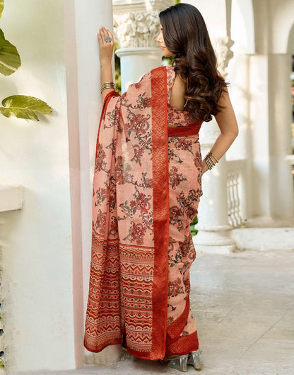 Beige Linen Woven Border Printed Saree