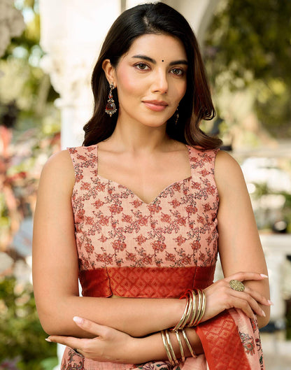 Beige Linen Woven Border Printed Saree
