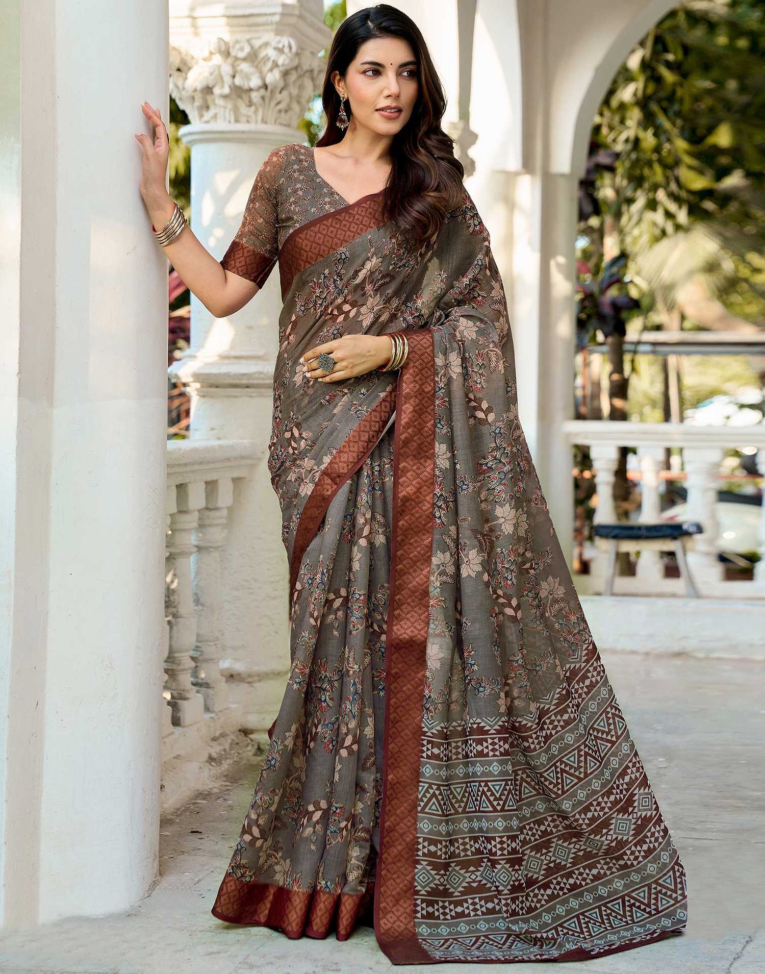 Dusty Beige Linen Woven Border Printed Saree
