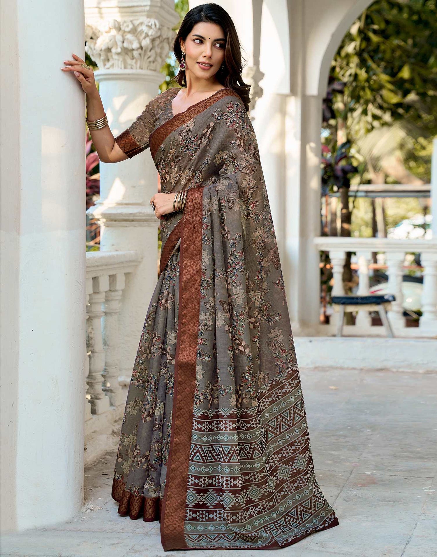 Dusty Beige Linen Woven Border Printed Saree