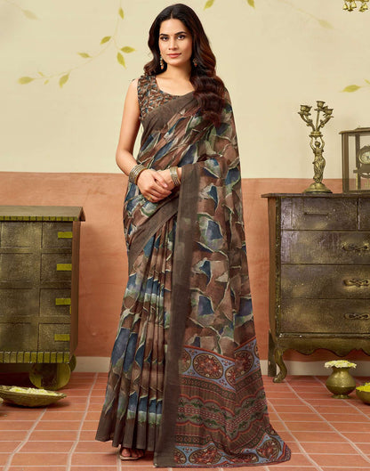 Brown Linen Printed Saree