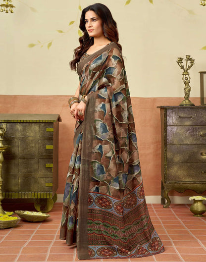 Brown Linen Printed Saree