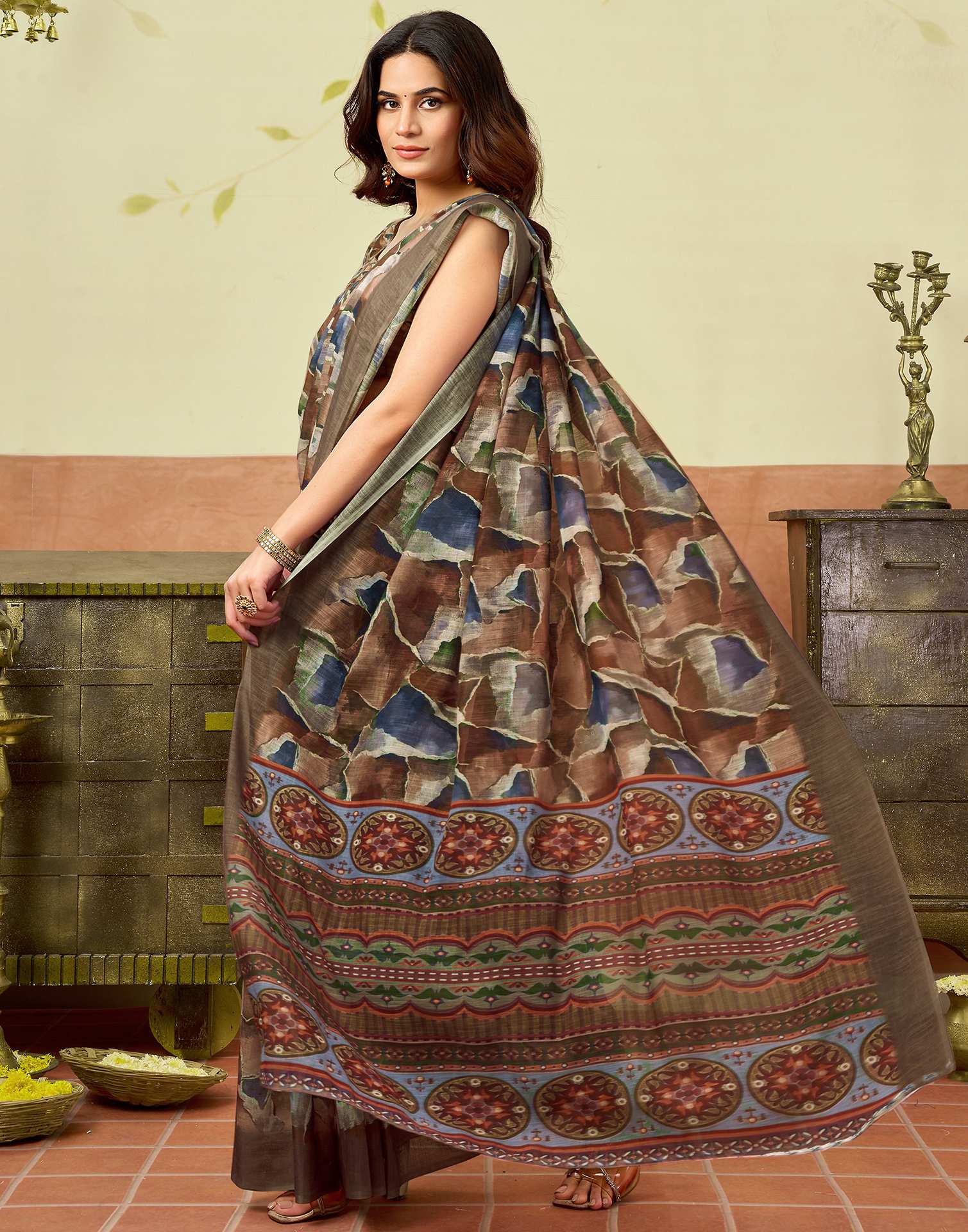Brown Linen Printed Saree
