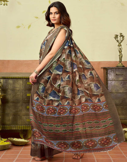 Brown Linen Printed Saree