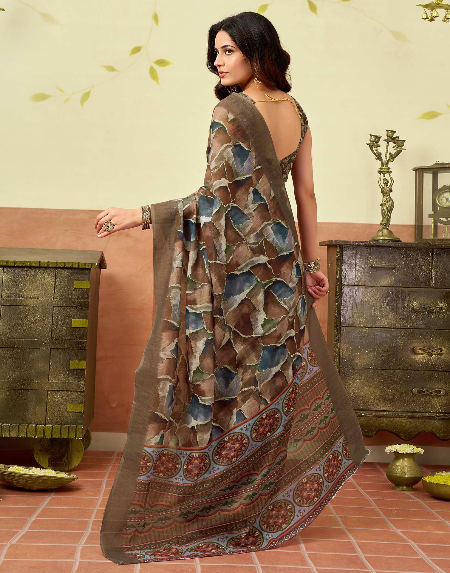 Brown Linen Printed Saree