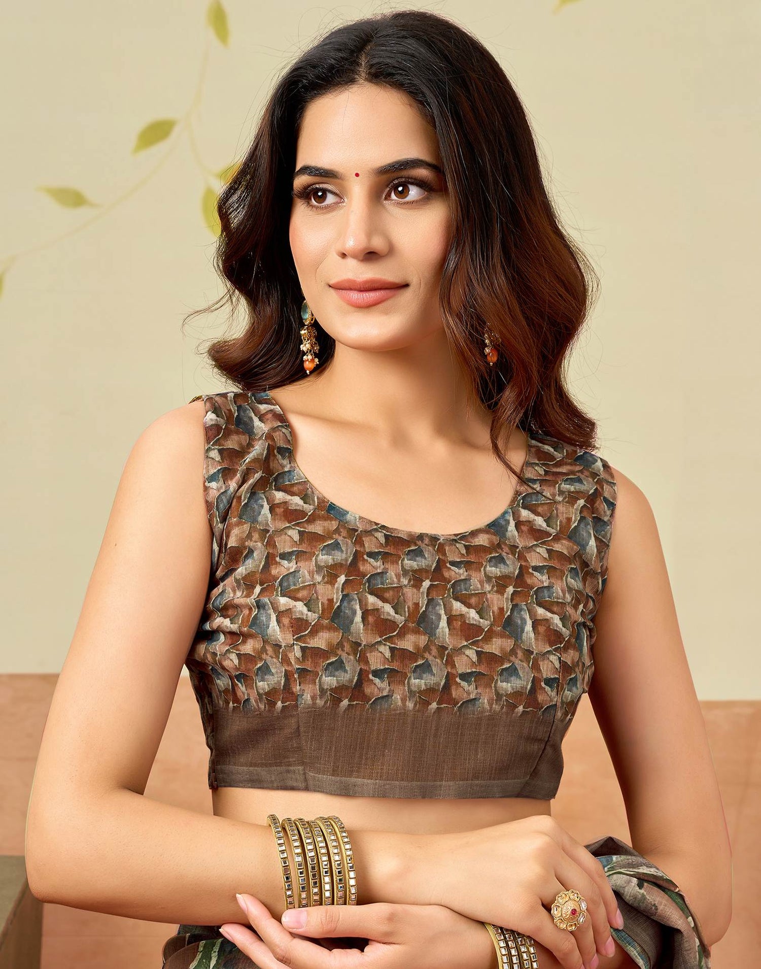 Brown Linen Printed Saree