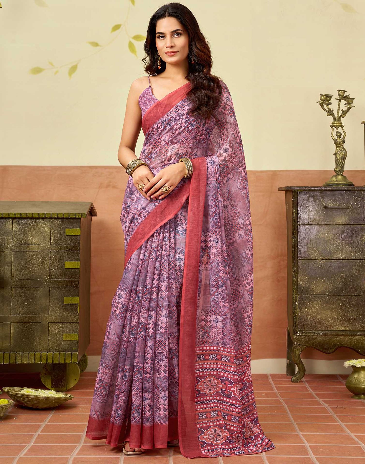 Pink Linen Printed Saree