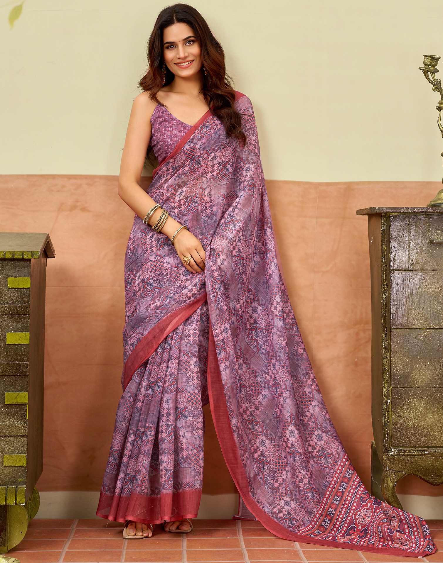 Pink Linen Printed Saree