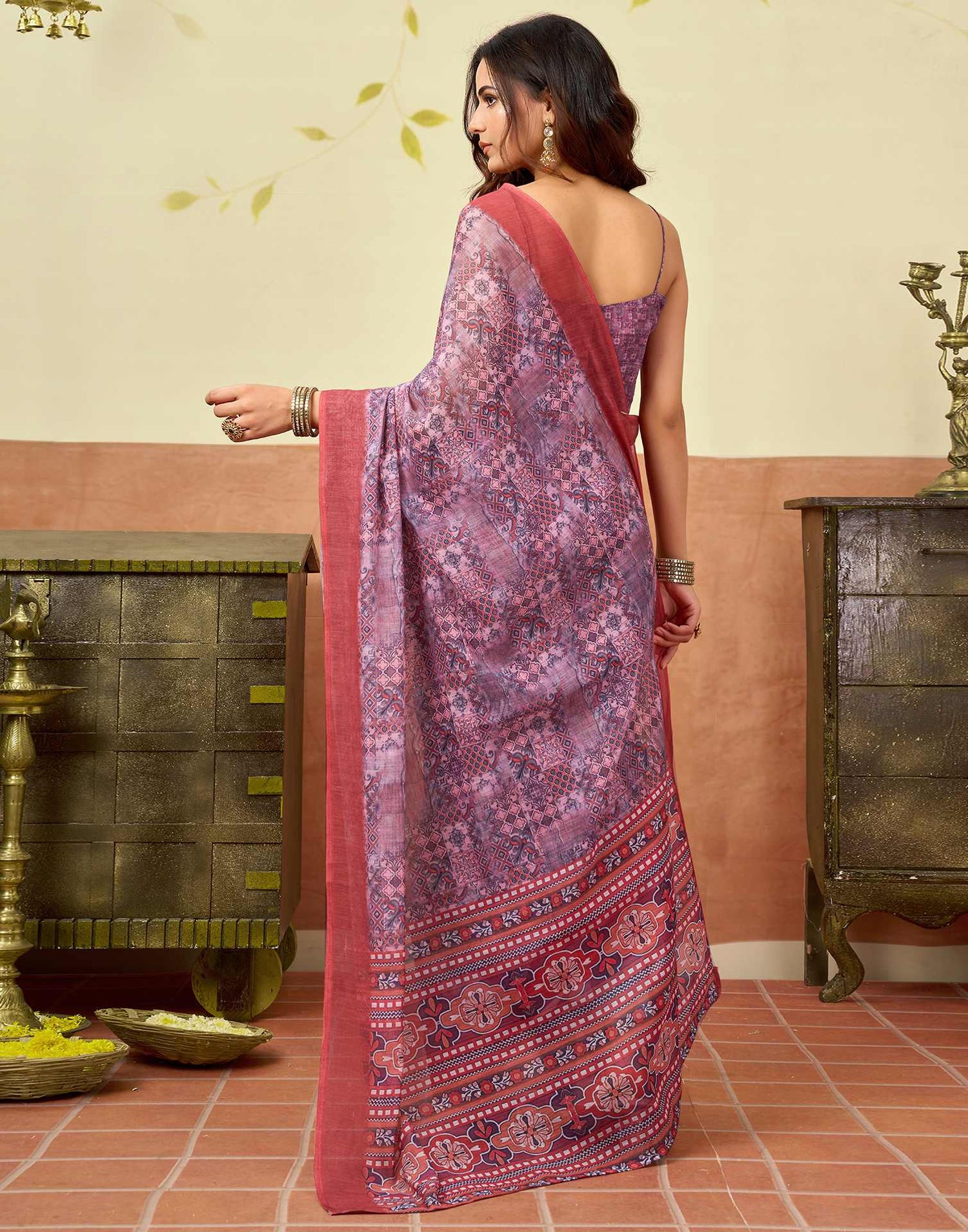 Pink Linen Printed Saree