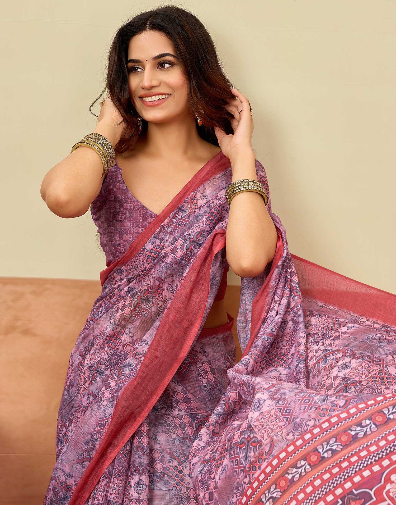 Pink Linen Printed Saree